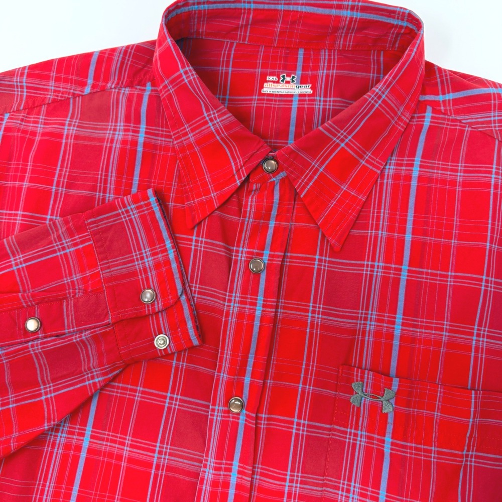 Under‎ Armour AllSeasonGear Mens XXL Red Blue Plaid Nylon Snap Long Sleeve Shirt